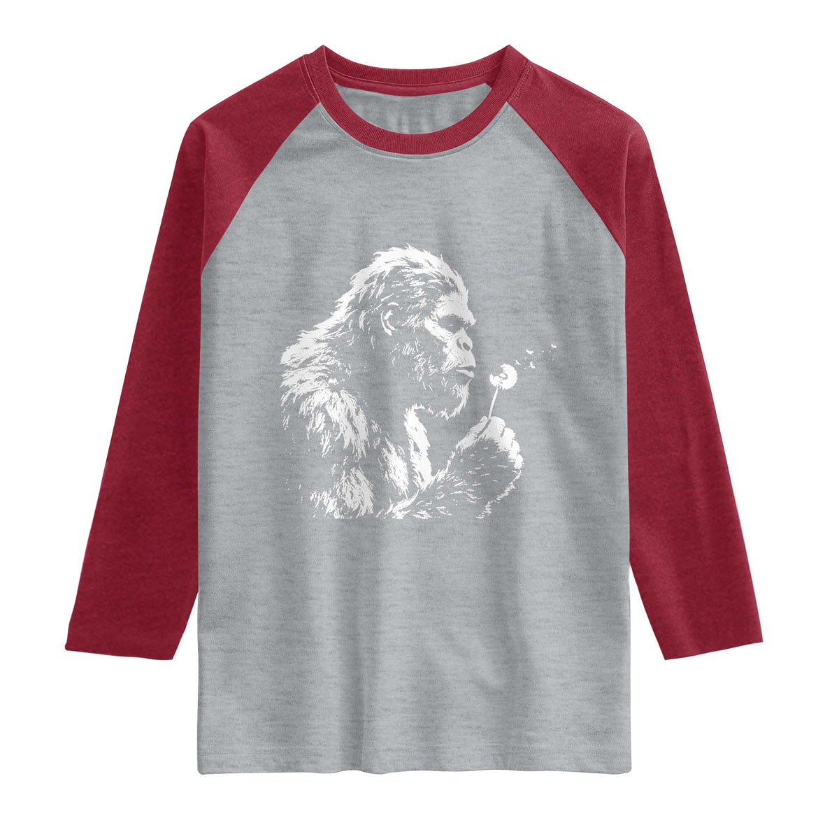 Bigfoot Blowing Dandelion Flower Graphic Raglan Shirt Whimsical Sasquatch Profile Artistic Vintage Distressed TS02 Heather Gray Heather Red Print Your Wear