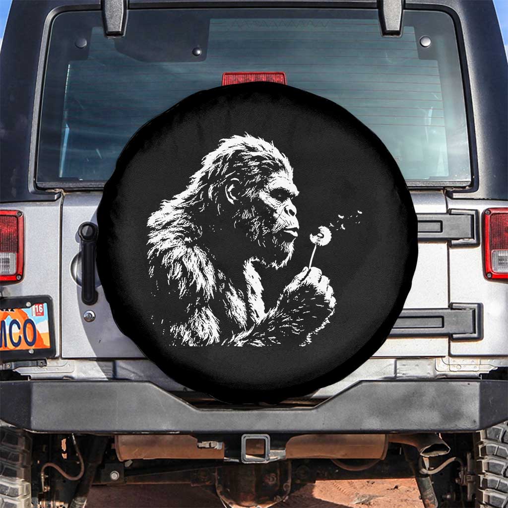 Bigfoot Blowing Dandelion Flower Graphic Spare Tire Cover Whimsical Sasquatch Profile Artistic Vintage Distressed TS02 No hole Black Print Your Wear