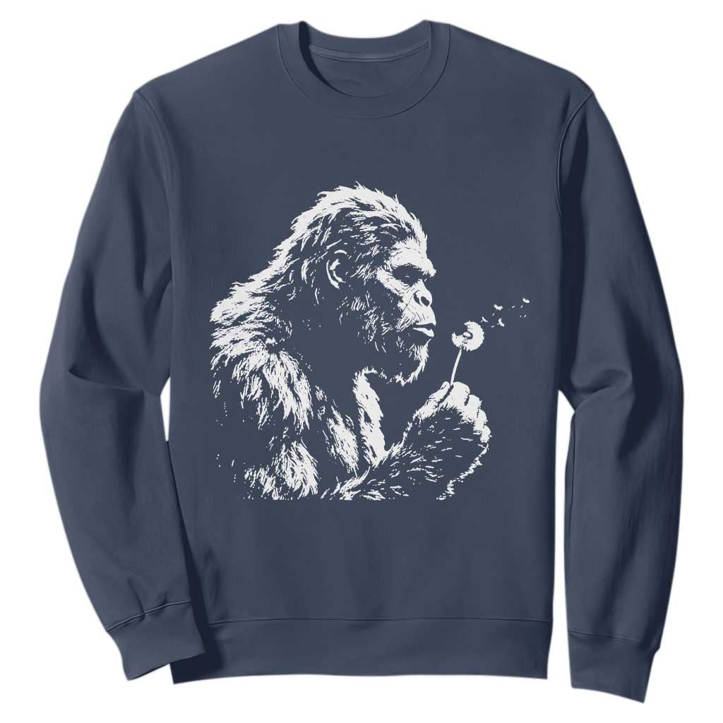 Bigfoot Blowing Dandelion Flower Graphic Sweatshirt Whimsical Sasquatch Profile Artistic Vintage Distressed TS02 Navy Print Your Wear