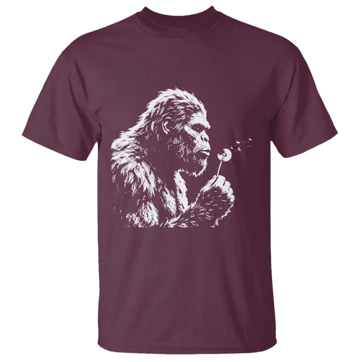 Bigfoot Blowing Dandelion Flower Graphic T Shirt Whimsical Sasquatch Profile Artistic Vintage Distressed TS02 Maroon Print Your Wear