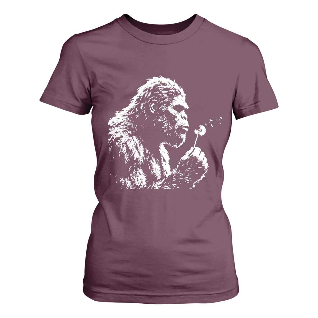 Bigfoot Blowing Dandelion Flower Graphic T Shirt For Women Whimsical Sasquatch Profile Artistic Vintage Distressed TS02 Maroon Print Your Wear