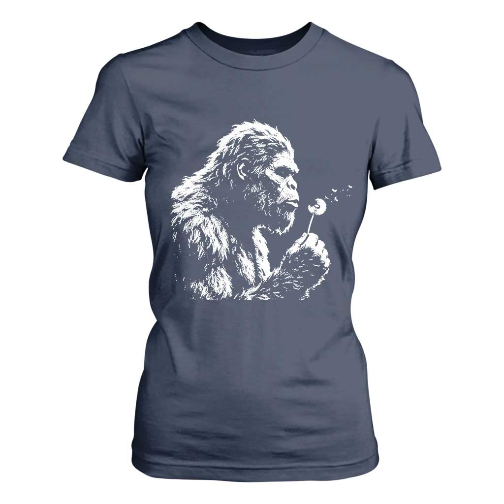 Bigfoot Blowing Dandelion Flower Graphic T Shirt For Women Whimsical Sasquatch Profile Artistic Vintage Distressed TS02 Navy Print Your Wear