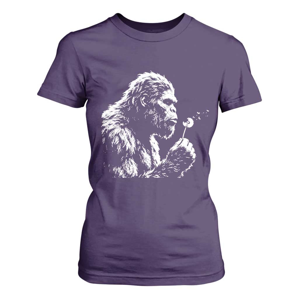 Bigfoot Blowing Dandelion Flower Graphic T Shirt For Women Whimsical Sasquatch Profile Artistic Vintage Distressed TS02 Purple Print Your Wear