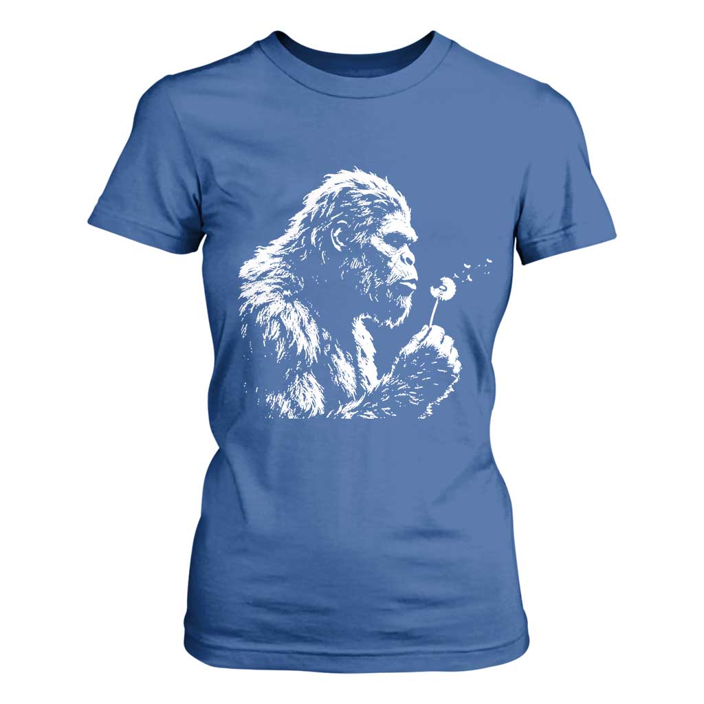Bigfoot Blowing Dandelion Flower Graphic T Shirt For Women Whimsical Sasquatch Profile Artistic Vintage Distressed TS02 Royal Blue Print Your Wear