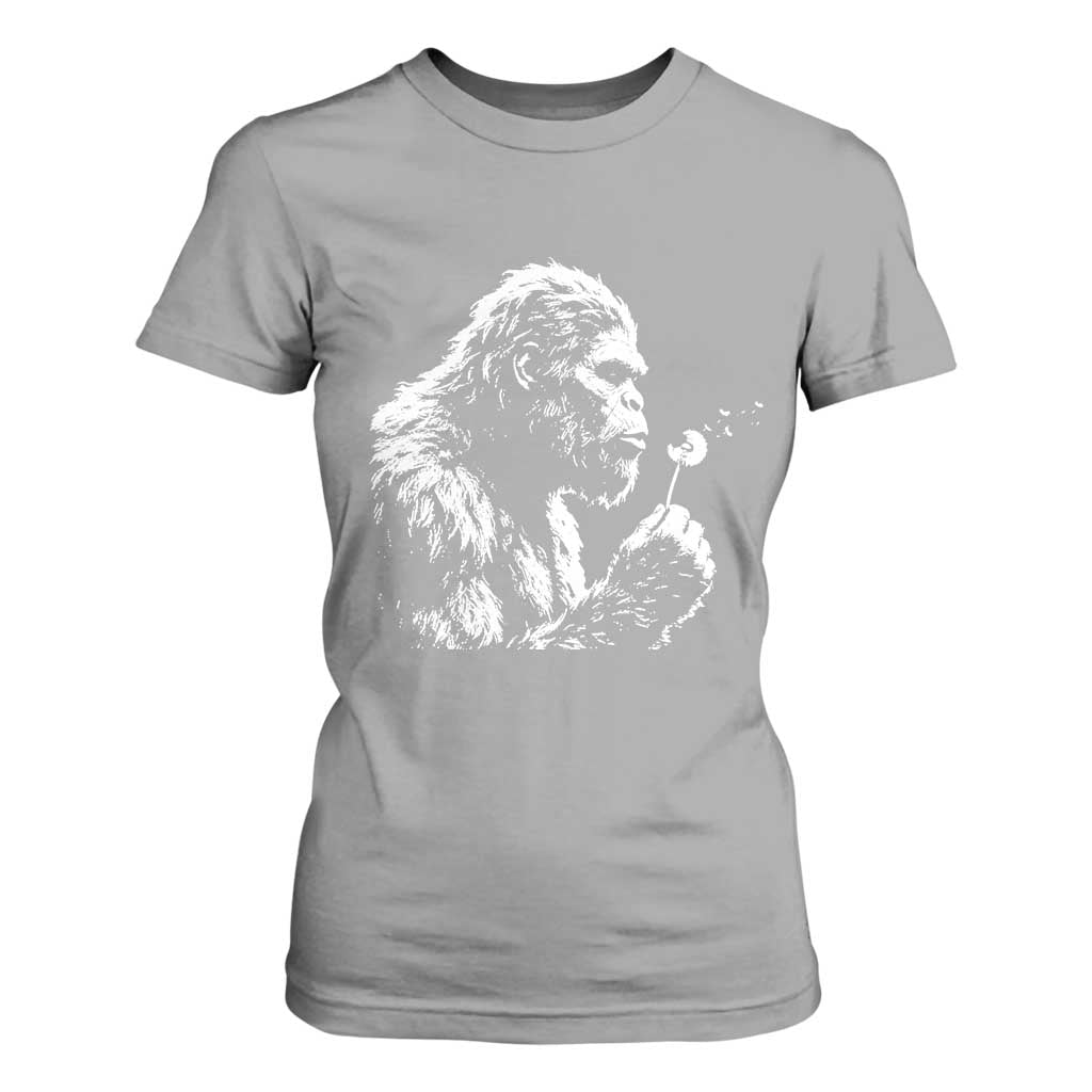 Bigfoot Blowing Dandelion Flower Graphic T Shirt For Women Whimsical Sasquatch Profile Artistic Vintage Distressed TS02 Sport Gray Print Your Wear