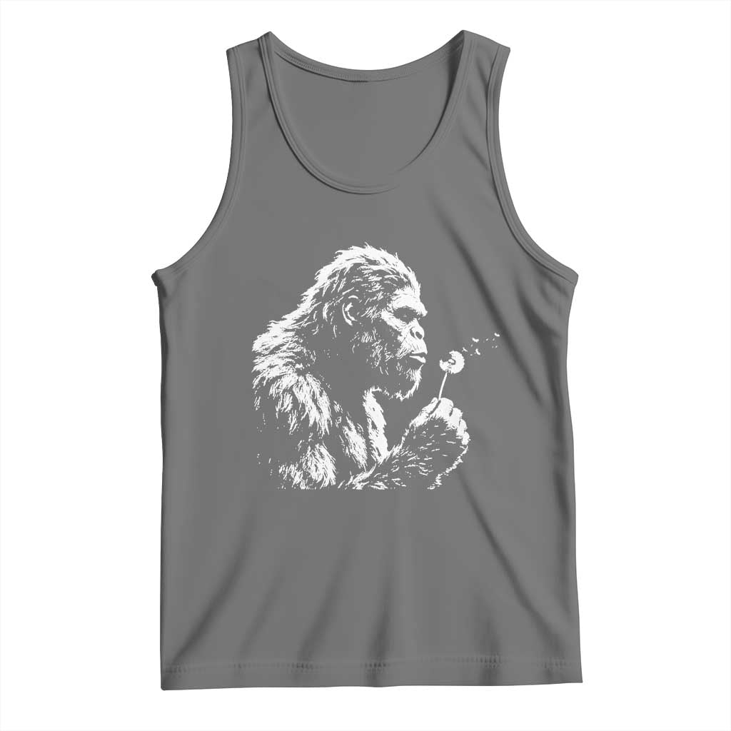Bigfoot Blowing Dandelion Flower Graphic Tank Top Whimsical Sasquatch Profile Artistic Vintage Distressed TS02 Black Heather Print Your Wear