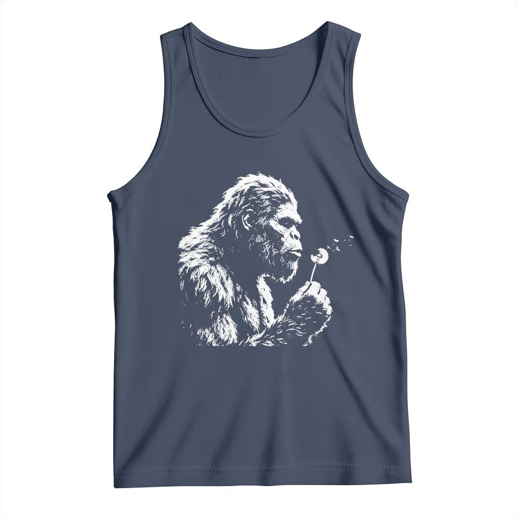 Bigfoot Blowing Dandelion Flower Graphic Tank Top Whimsical Sasquatch Profile Artistic Vintage Distressed TS02 Navy Print Your Wear