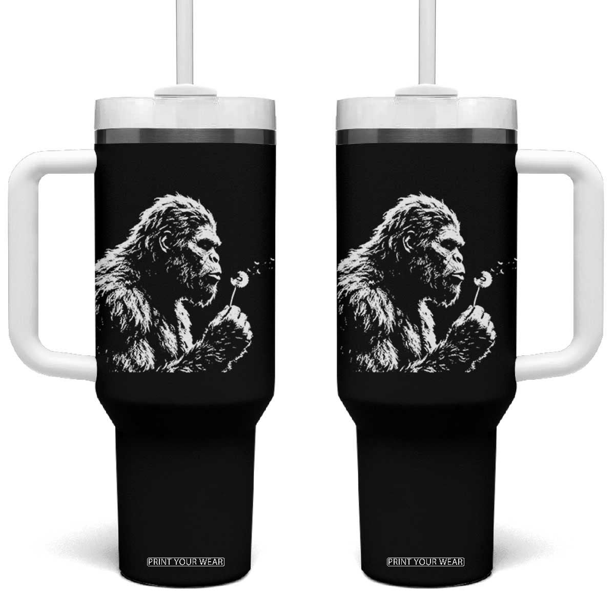 Bigfoot Blowing Dandelion Flower Graphic Tumbler With Handle Whimsical Sasquatch Profile Artistic Vintage Distressed TS02 One Size: 40 oz Black Print Your Wear