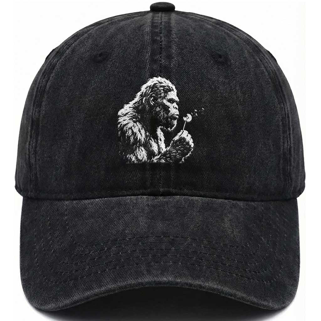 Bigfoot Blowing Dandelion Flower Graphic Washed Cotton Baseball Cap Whimsical Sasquatch Profile Artistic Vintage Distressed TS02 Print Your Wear