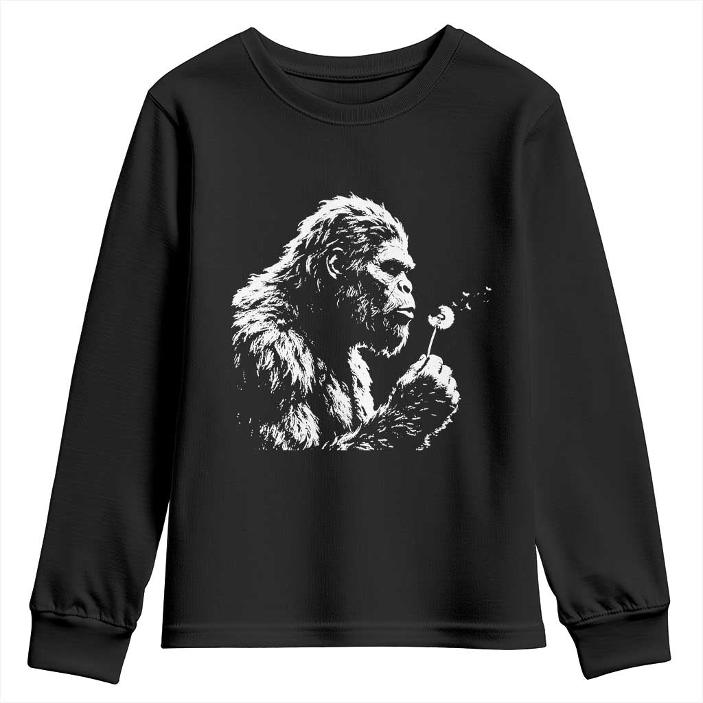 Bigfoot Blowing Dandelion Flower Graphic Youth Sweatshirt Whimsical Sasquatch Profile Artistic Vintage Distressed TS02 Black Print Your Wear