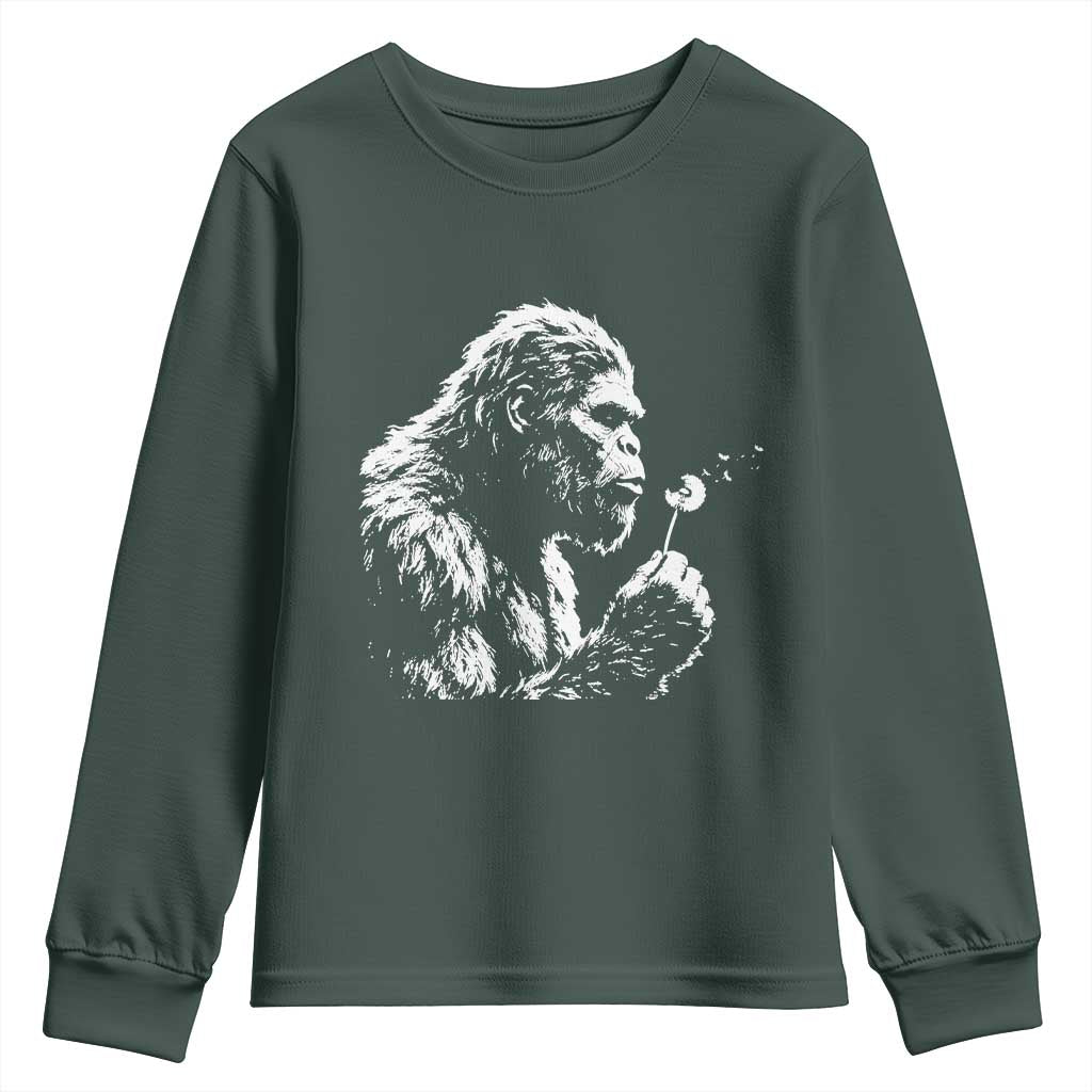 Bigfoot Blowing Dandelion Flower Graphic Youth Sweatshirt Whimsical Sasquatch Profile Artistic Vintage Distressed TS02 Dark Forest Green Print Your Wear