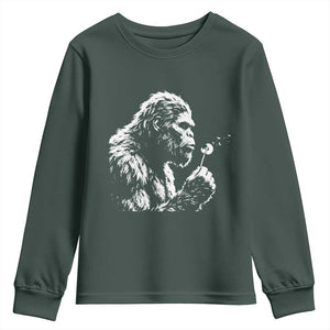 Bigfoot Blowing Dandelion Flower Graphic Youth Sweatshirt Whimsical Sasquatch Profile Artistic Vintage Distressed TS02 Dark Forest Green Print Your Wear