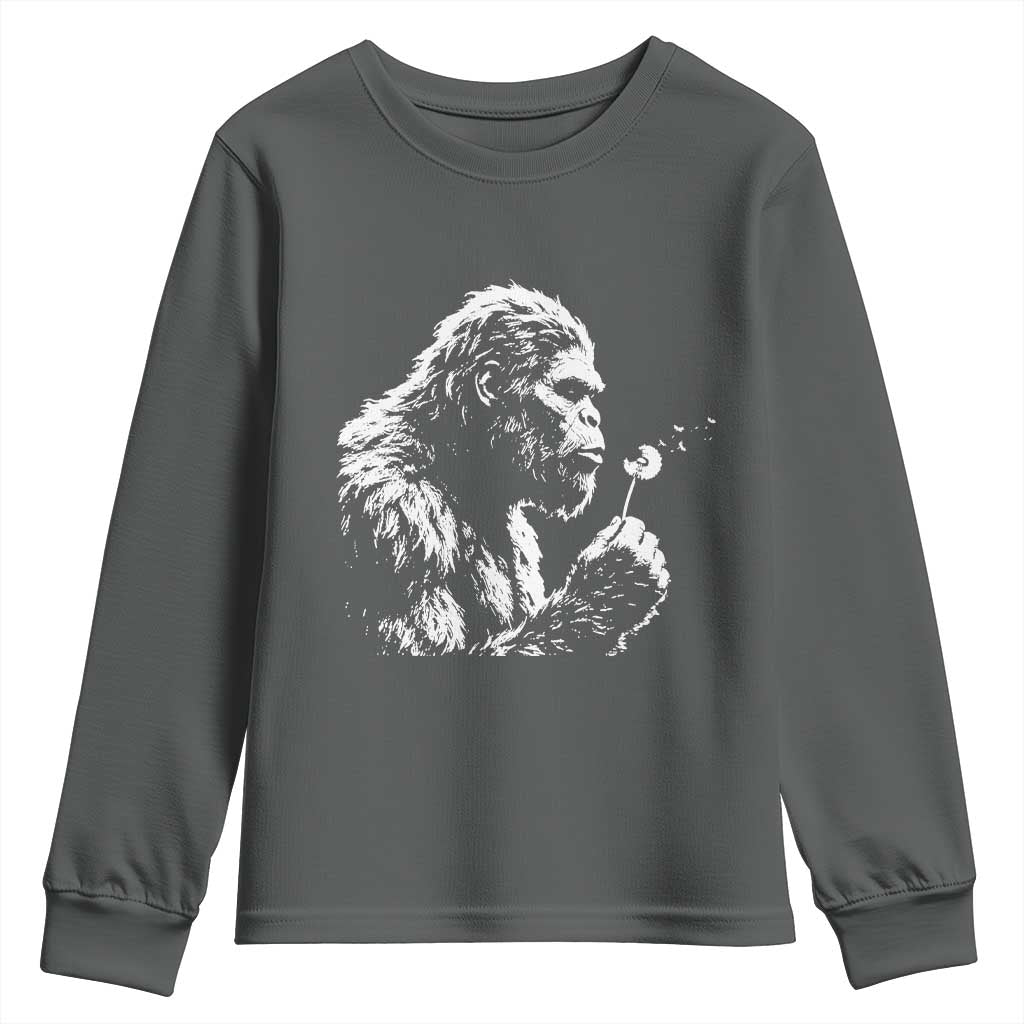 Bigfoot Blowing Dandelion Flower Graphic Youth Sweatshirt Whimsical Sasquatch Profile Artistic Vintage Distressed TS02 Dark Heather Print Your Wear