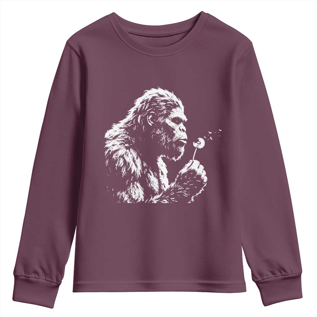 Bigfoot Blowing Dandelion Flower Graphic Youth Sweatshirt Whimsical Sasquatch Profile Artistic Vintage Distressed TS02 Maroon Print Your Wear