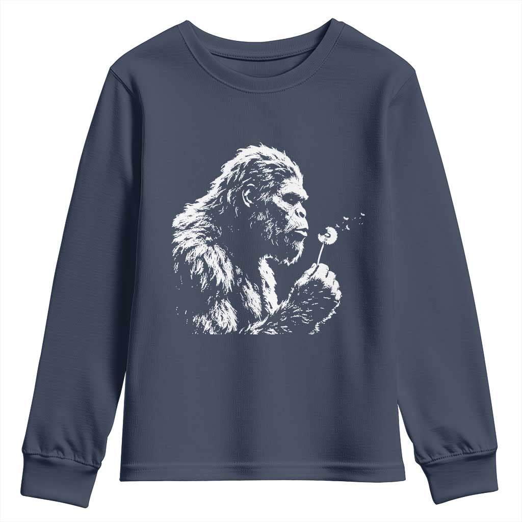 Bigfoot Blowing Dandelion Flower Graphic Youth Sweatshirt Whimsical Sasquatch Profile Artistic Vintage Distressed TS02 Navy Print Your Wear