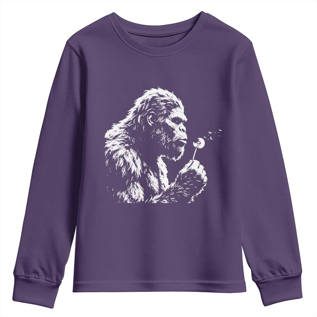 Bigfoot Blowing Dandelion Flower Graphic Youth Sweatshirt Whimsical Sasquatch Profile Artistic Vintage Distressed TS02 Purple Print Your Wear