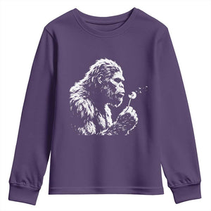 Bigfoot Blowing Dandelion Flower Graphic Youth Sweatshirt Whimsical Sasquatch Profile Artistic Vintage Distressed TS02 Purple Print Your Wear