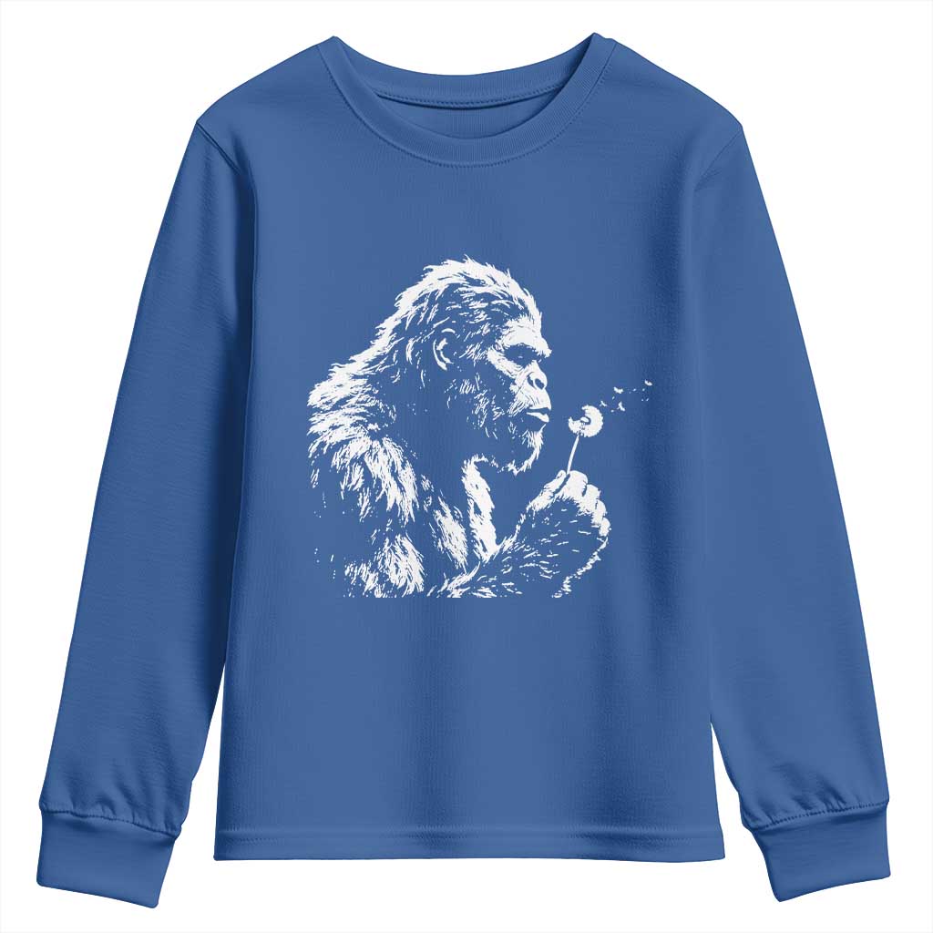 Bigfoot Blowing Dandelion Flower Graphic Youth Sweatshirt Whimsical Sasquatch Profile Artistic Vintage Distressed TS02 Royal Blue Print Your Wear