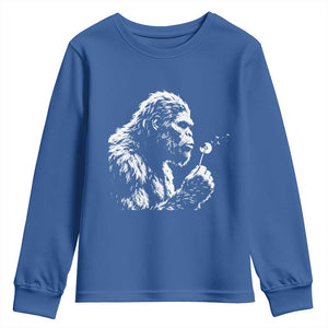 Bigfoot Blowing Dandelion Flower Graphic Youth Sweatshirt Whimsical Sasquatch Profile Artistic Vintage Distressed TS02 Royal Blue Print Your Wear