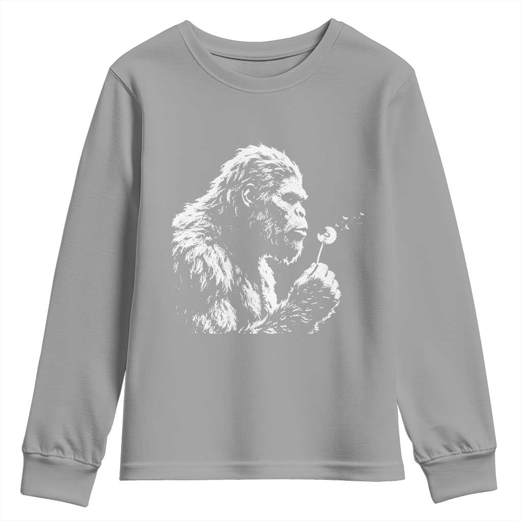 Bigfoot Blowing Dandelion Flower Graphic Youth Sweatshirt Whimsical Sasquatch Profile Artistic Vintage Distressed TS02 Sport Gray Print Your Wear