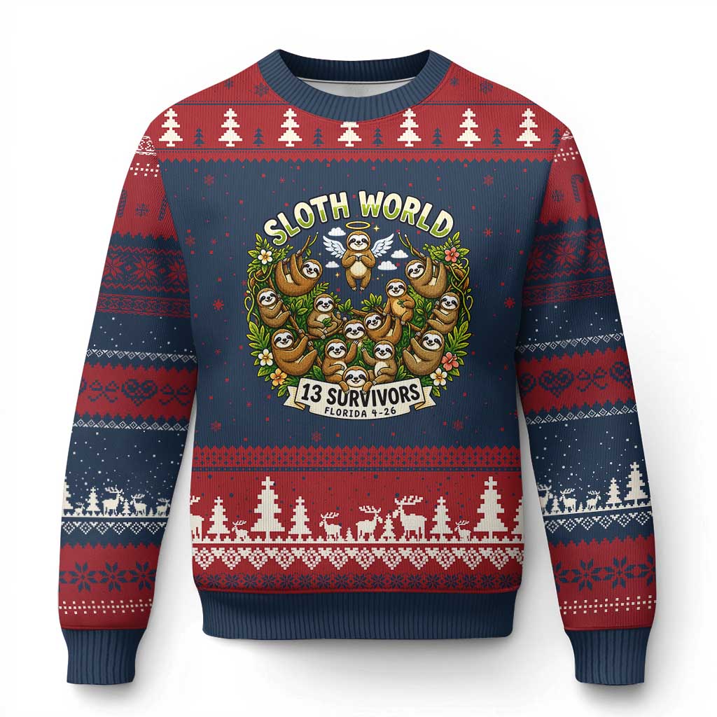 Sloth World 13 Survivors Animal Rescue Ugly Christmas Sweater Memorial Tribute and Florida Wildlife Protection TS02 Navy Red Print Your Wear