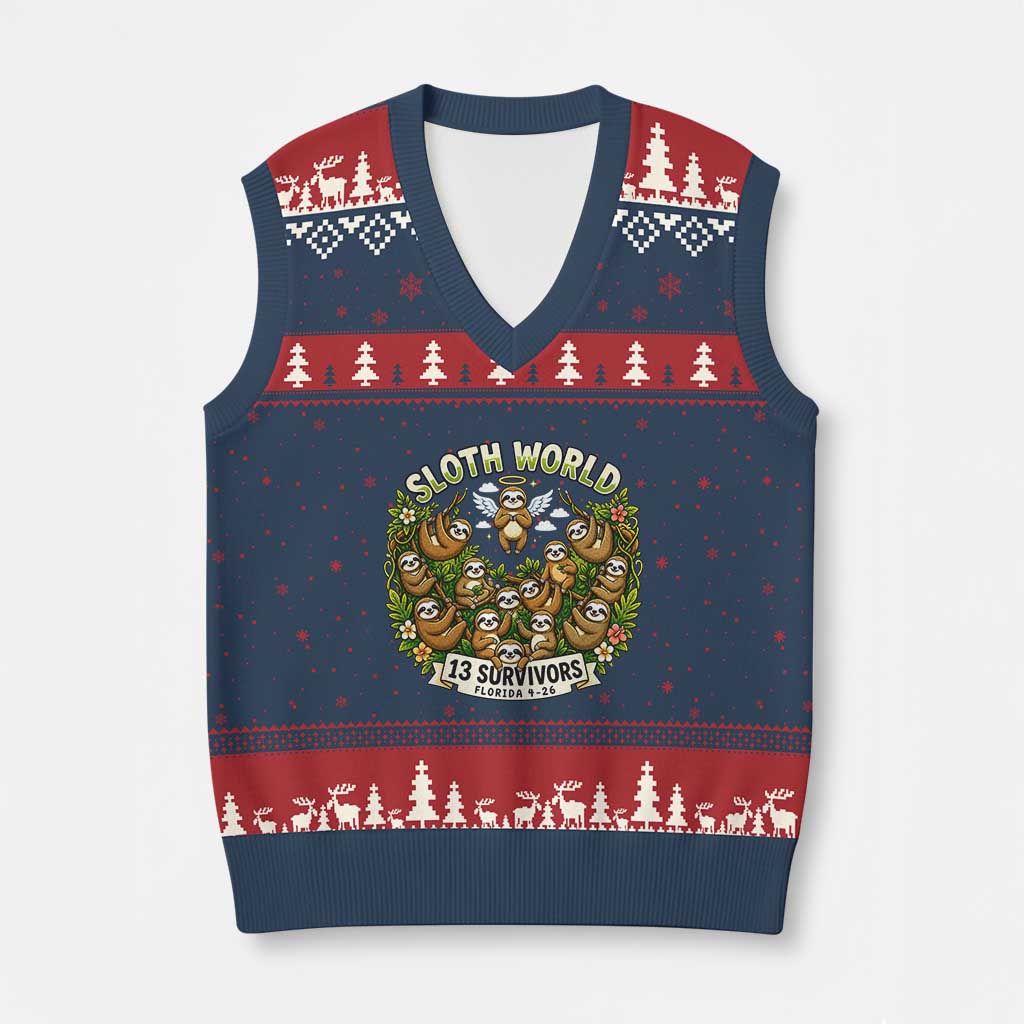 Sloth World 13 Survivors Animal Rescue V-Neck Knit Sweater Vest Memorial Tribute and Florida Wildlife Protection TS02 Navy Red Print Your Wear