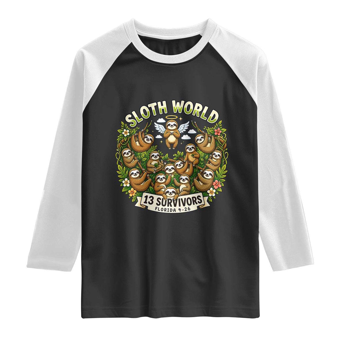 Sloth World 13 Survivors Animal Rescue Raglan Shirt Memorial Tribute and Florida Wildlife Protection TS02 Black White Print Your Wear