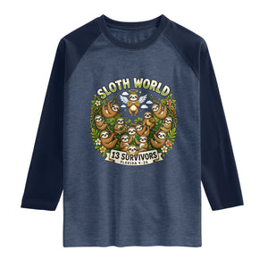 Sloth World 13 Survivors Animal Rescue Raglan Shirt Memorial Tribute and Florida Wildlife Protection TS02 Heather Denim Navy Print Your Wear