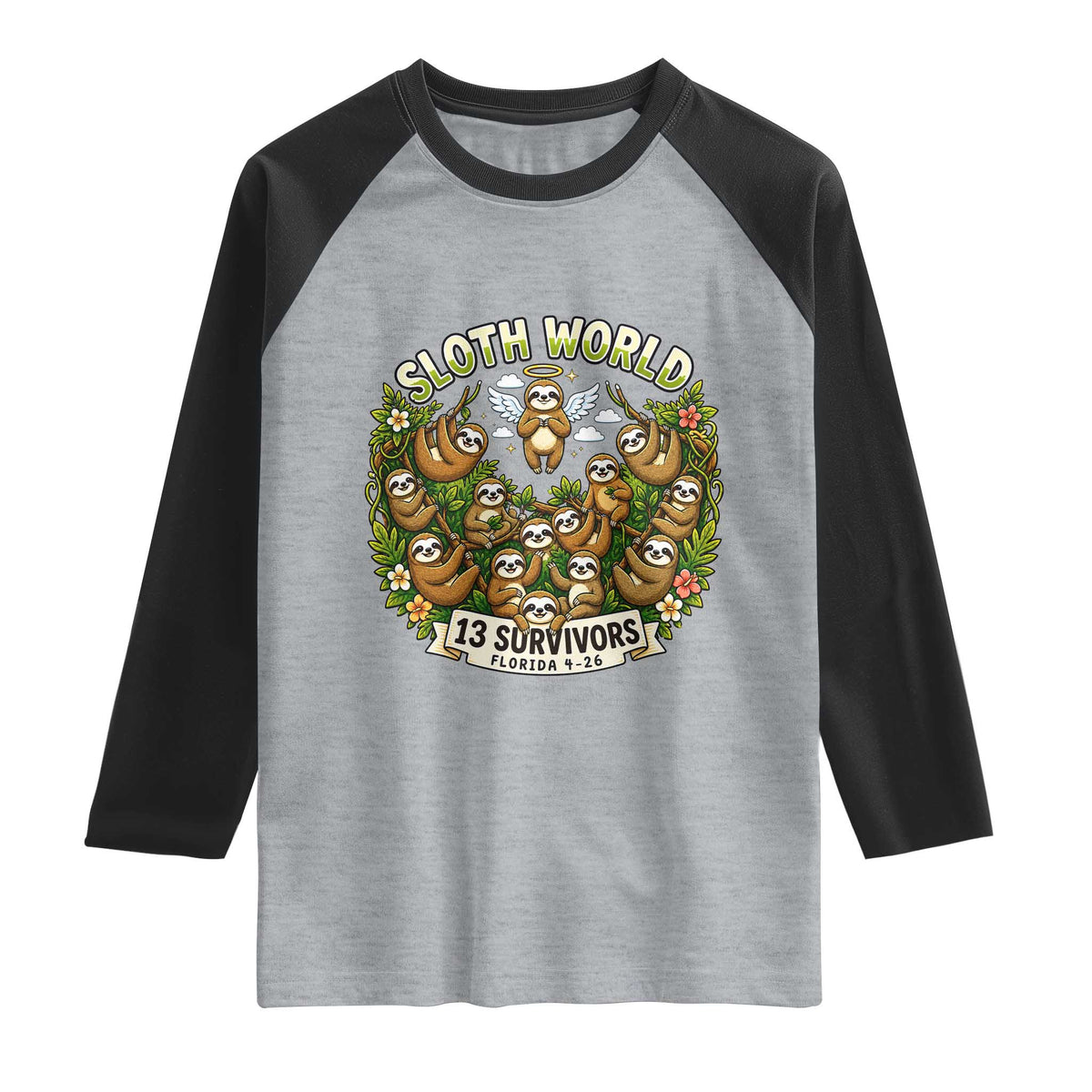 Sloth World 13 Survivors Animal Rescue Raglan Shirt Memorial Tribute and Florida Wildlife Protection TS02 Heather Gray Black Print Your Wear
