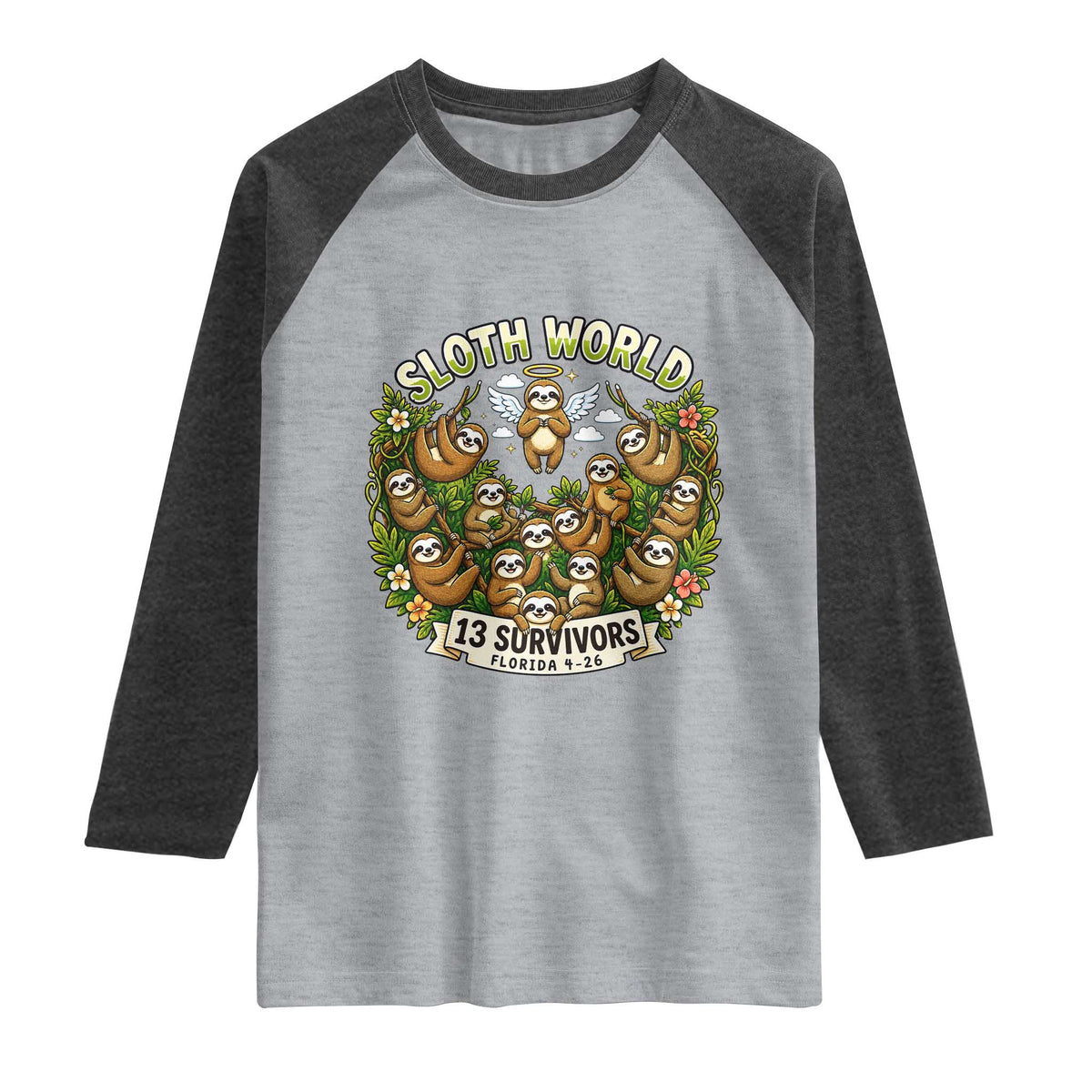 Sloth World 13 Survivors Animal Rescue Raglan Shirt Memorial Tribute and Florida Wildlife Protection TS02 Heather Gray Heather Charcoal Print Your Wear