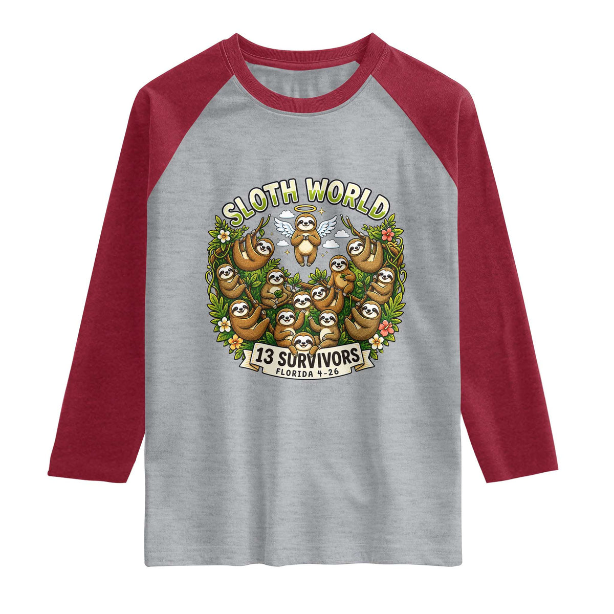 Sloth World 13 Survivors Animal Rescue Raglan Shirt Memorial Tribute and Florida Wildlife Protection TS02 Heather Gray Heather Red Print Your Wear