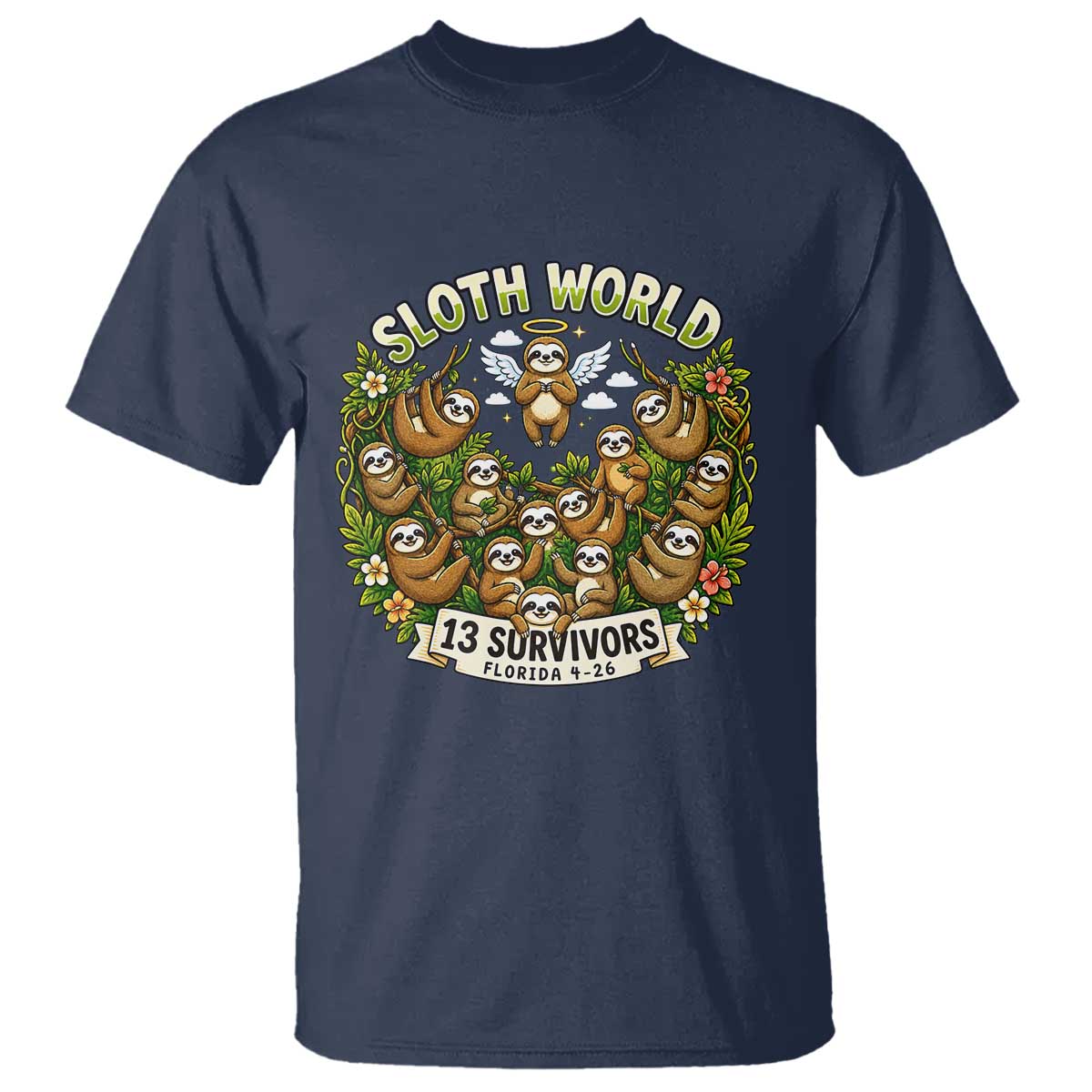 Sloth World 13 Survivors Animal Rescue T Shirt Memorial Tribute and Florida Wildlife Protection TS02 Navy Print Your Wear