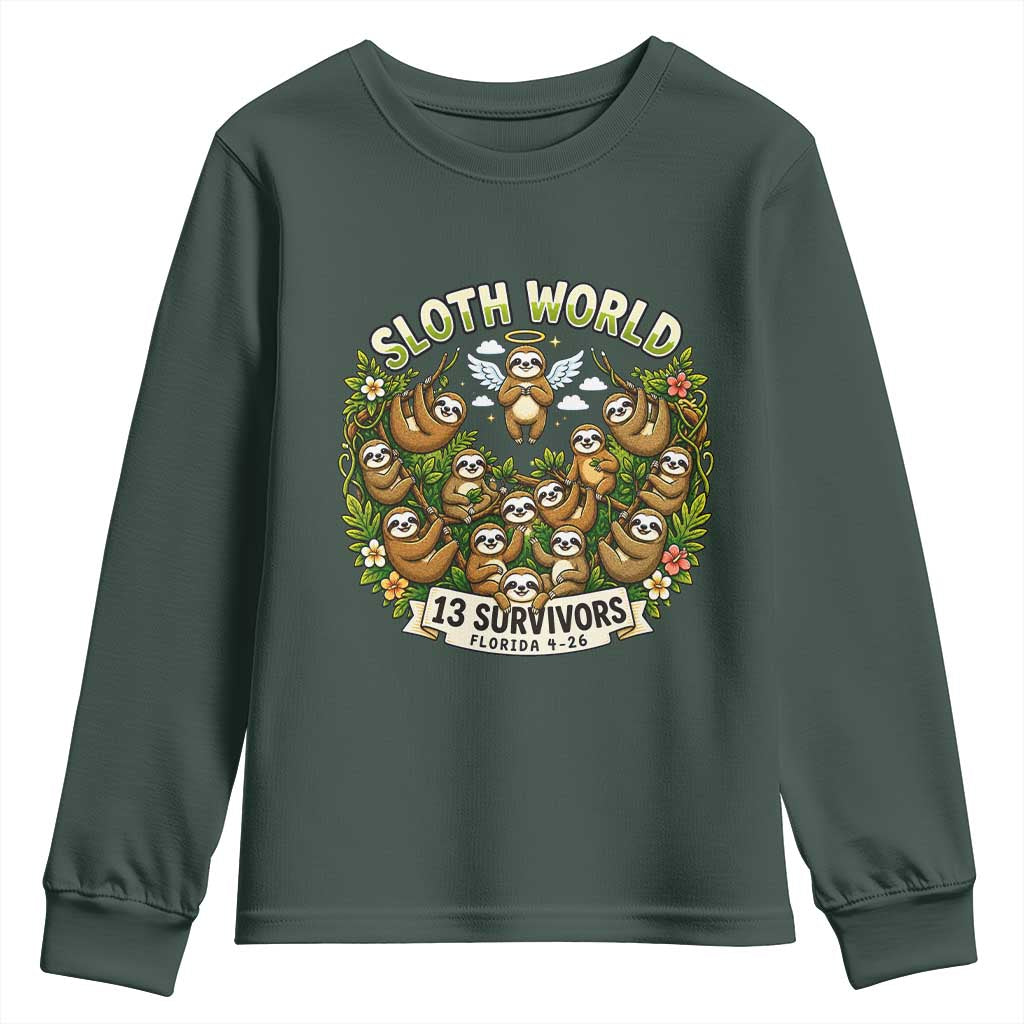 Sloth World 13 Survivors Animal Rescue Youth Sweatshirt Memorial Tribute and Florida Wildlife Protection TS02 Dark Forest Green Print Your Wear