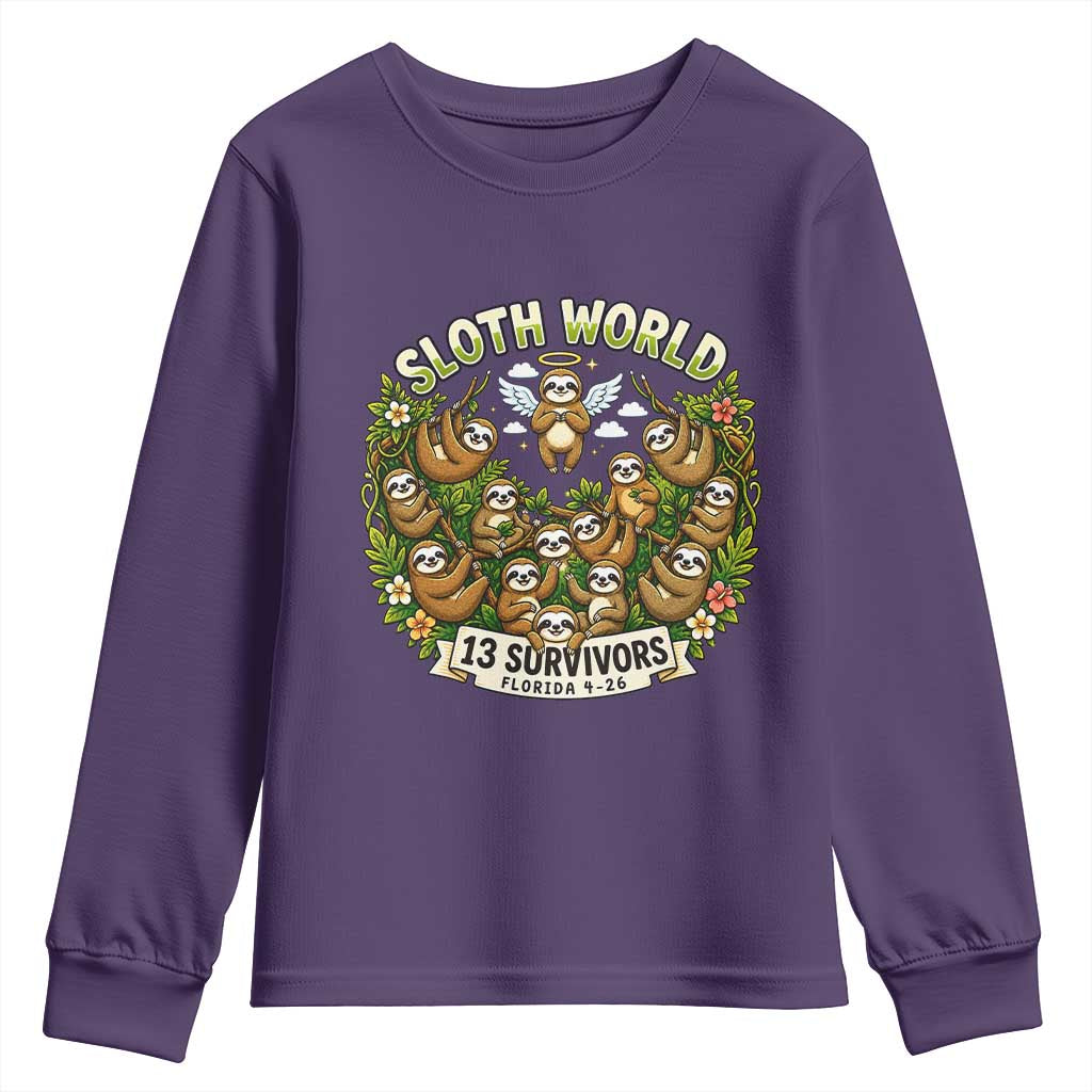 Sloth World 13 Survivors Animal Rescue Youth Sweatshirt Memorial Tribute and Florida Wildlife Protection TS02 Purple Print Your Wear