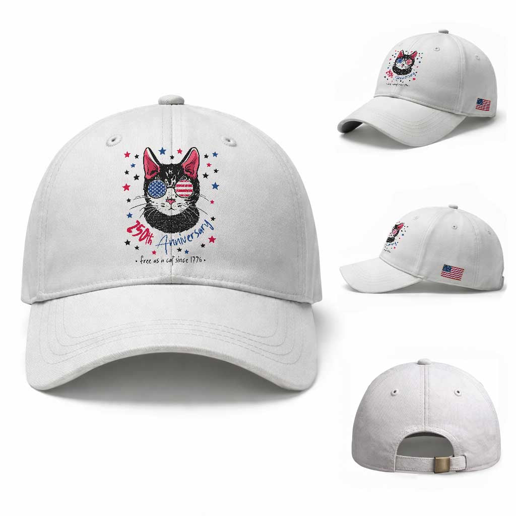 Free As A Cat Since 1776 Funny Patriotic Baseball Cap Cool American Flag Sunglasses Cat 250th Anniversary Semiquincentennial TS02 Baseball Cap Universal Fit White Print Your Wear