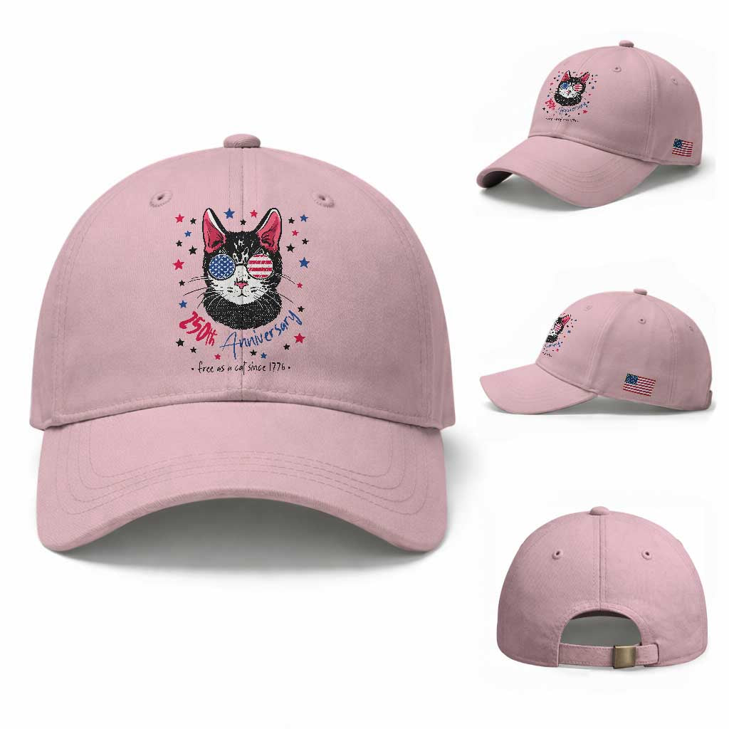 Free As A Cat Since 1776 Funny Patriotic Baseball Cap Cool American Flag Sunglasses Cat 250th Anniversary Semiquincentennial TS02 Baseball Cap Universal Fit Light Pink Print Your Wear