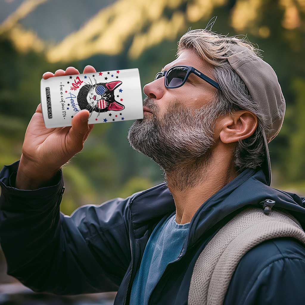 Free As A Cat Since 1776 Funny Patriotic 4 in 1 Can Cooler Tumbler Cool American Flag Sunglasses Cat 250th Anniversary Semiquincentennial TS02 Print Your Wear