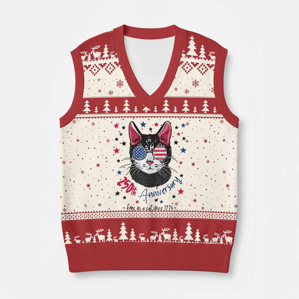 Free As A Cat Since 1776 Funny Patriotic V-Neck Knit Sweater Vest Cool American Flag Sunglasses Cat 250th Anniversary Semiquincentennial TS02 Beige Red Print Your Wear