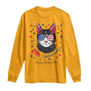 Free As A Cat Since 1776 Funny Patriotic Long Sleeve Shirt Cool American Flag Sunglasses Cat 250th Anniversary Semiquincentennial TS02 Gold Print Your Wear