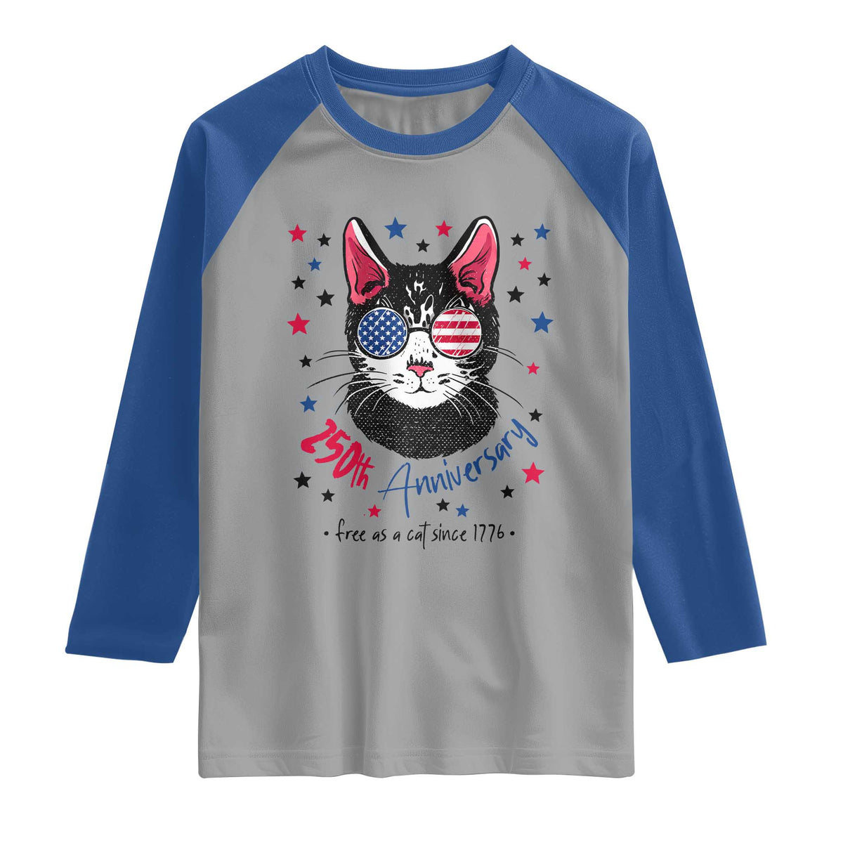 Free As A Cat Since 1776 Funny Patriotic Raglan Shirt Cool American Flag Sunglasses Cat 250th Anniversary Semiquincentennial TS02 Sport Gray Royal Print Your Wear