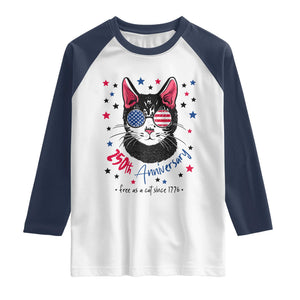 Free As A Cat Since 1776 Funny Patriotic Raglan Shirt Cool American Flag Sunglasses Cat 250th Anniversary Semiquincentennial TS02 White Navy Print Your Wear