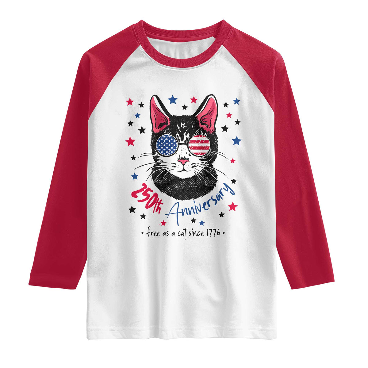 Free As A Cat Since 1776 Funny Patriotic Raglan Shirt Cool American Flag Sunglasses Cat 250th Anniversary Semiquincentennial TS02 White Red Print Your Wear