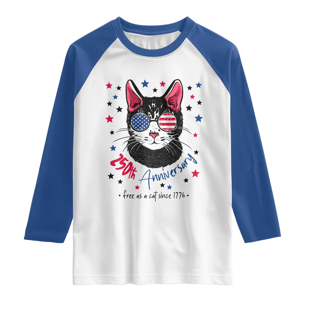 Free As A Cat Since 1776 Funny Patriotic Raglan Shirt Cool American Flag Sunglasses Cat 250th Anniversary Semiquincentennial TS02 White Royal Print Your Wear