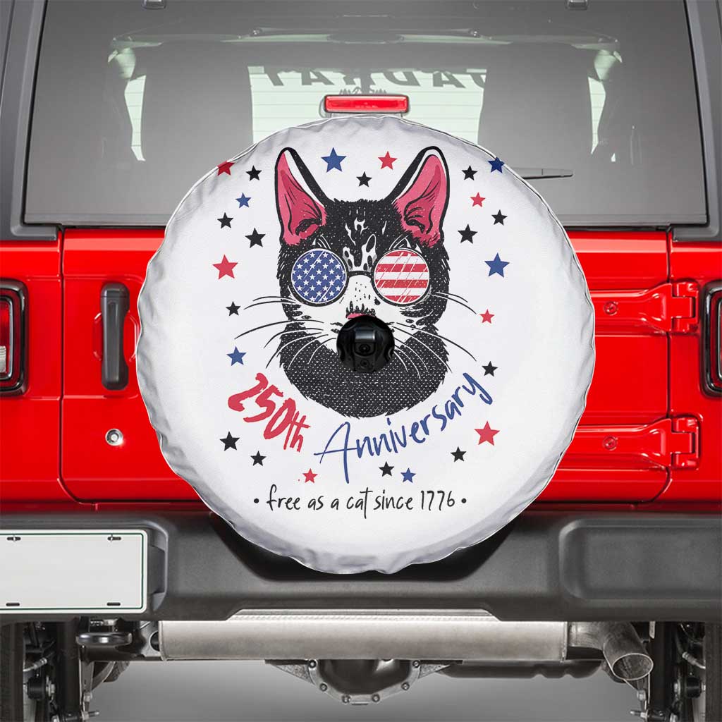 Free As A Cat Since 1776 Funny Patriotic Spare Tire Cover Cool American Flag Sunglasses Cat 250th Anniversary Semiquincentennial TS02 White Print Your Wear