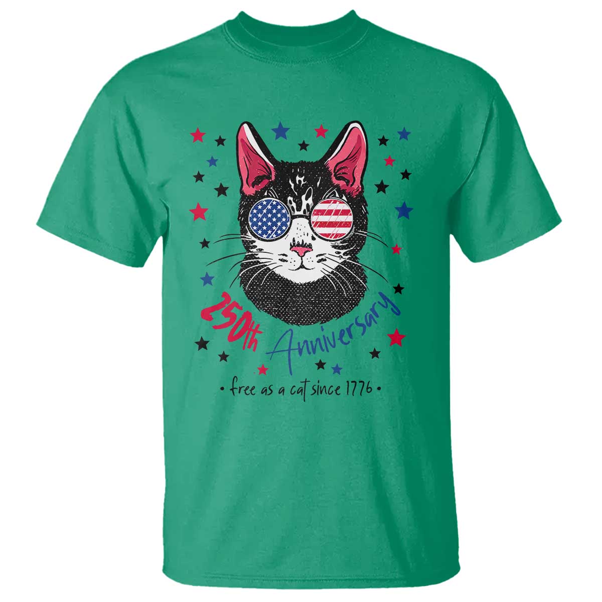 Free As A Cat Since 1776 Funny Patriotic T Shirt Cool American Flag Sunglasses Cat 250th Anniversary Semiquincentennial TS02 Irish Green Print Your Wear