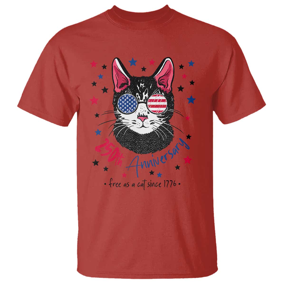 Free As A Cat Since 1776 Funny Patriotic T Shirt Cool American Flag Sunglasses Cat 250th Anniversary Semiquincentennial TS02 Red Print Your Wear