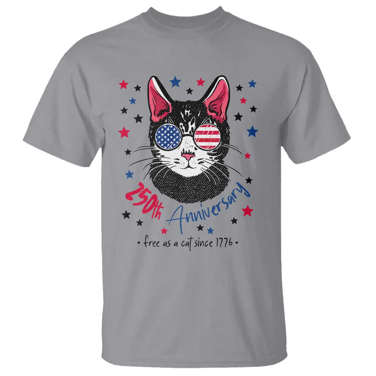 Free As A Cat Since 1776 Funny Patriotic T Shirt Cool American Flag Sunglasses Cat 250th Anniversary Semiquincentennial TS02 Sport Gray Print Your Wear