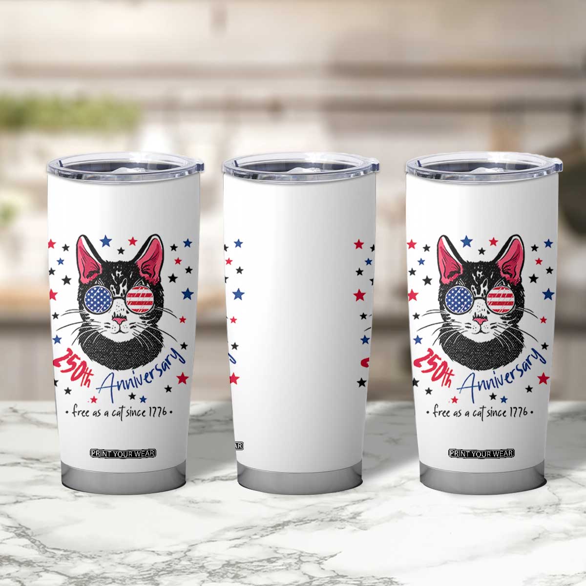 Free As A Cat Since 1776 Funny Patriotic Tumbler Cup Cool American Flag Sunglasses Cat 250th Anniversary Semiquincentennial TS02 Print Your Wear
