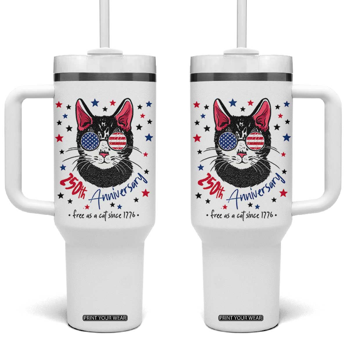 Free As A Cat Since 1776 Funny Patriotic Tumbler With Handle Cool American Flag Sunglasses Cat 250th Anniversary Semiquincentennial TS02 One Size: 40 oz White Print Your Wear