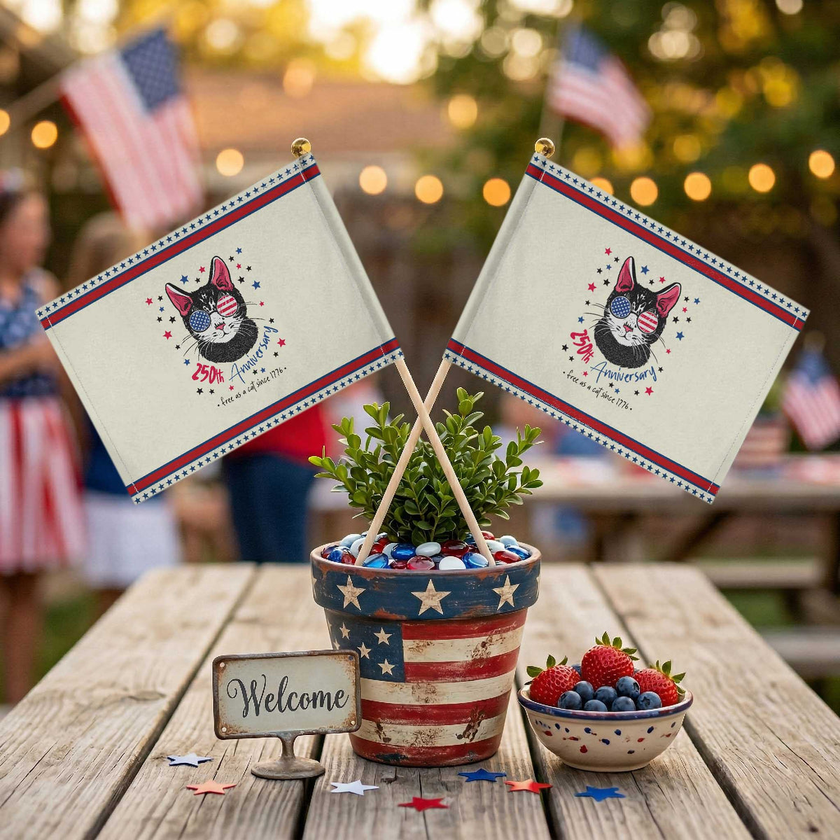 Free As A Cat Since 1776 Funny Patriotic Handheld Flag Cool American Flag Sunglasses Cat 250th Anniversary Semiquincentennial